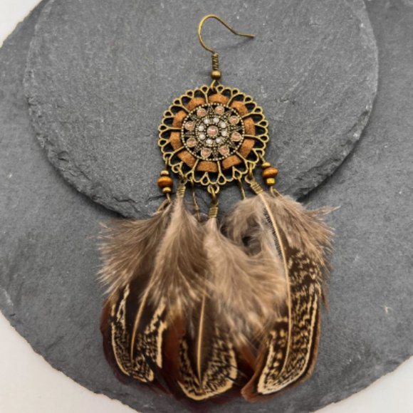 Boho Feather Dreamcatcher Dangle Statement Earrings - Picture 2 of 8